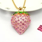 Fashion Women Sweet Crystal Pink Enamel 3D Strawberry Pendant Chain Necklace