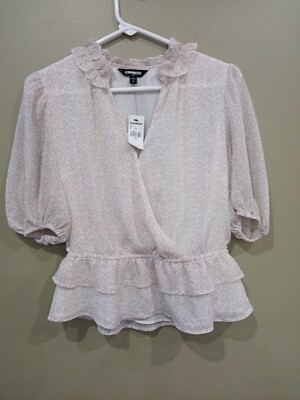 Express Extra Small Lined Short Sleeve Shirt Gathered Waist V Neck Wrap Looks NW