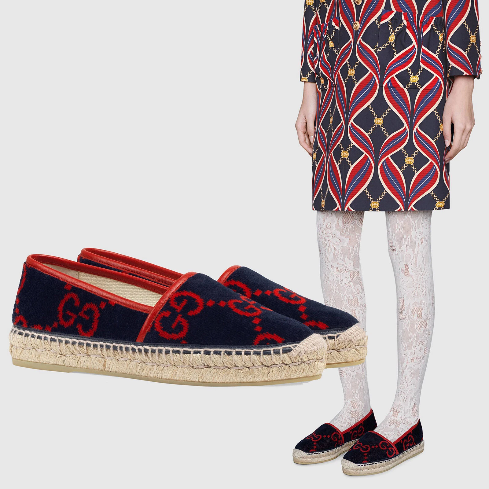 CHAUSSURES GUCCI TISSU ÉPONGE LOGO GG ESPADRILLES PLATES BLEU ROUGE taille IT 36,5 US 6,5