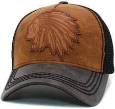 Native American Big Chief Meshback Trucker Style Cap Black & Tan Hat by KB Ethos