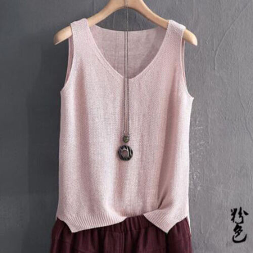 Damen Leinen Baumwolle Strick Lose Tank Tops Weste Camisole V-Ausschnitt Ärmellose Shirts - Bild 8 von 19