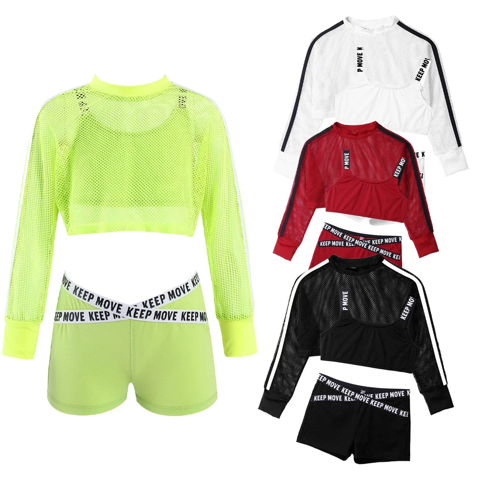 Girls Street Dance Letter Printed Jazz Hip Hop Outfits Kids Mesh Crop Tops Short - Image 2 of 4