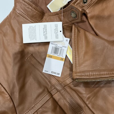 Michael Kors womens Luggage Brown Leather Moto Jacket -plus size
