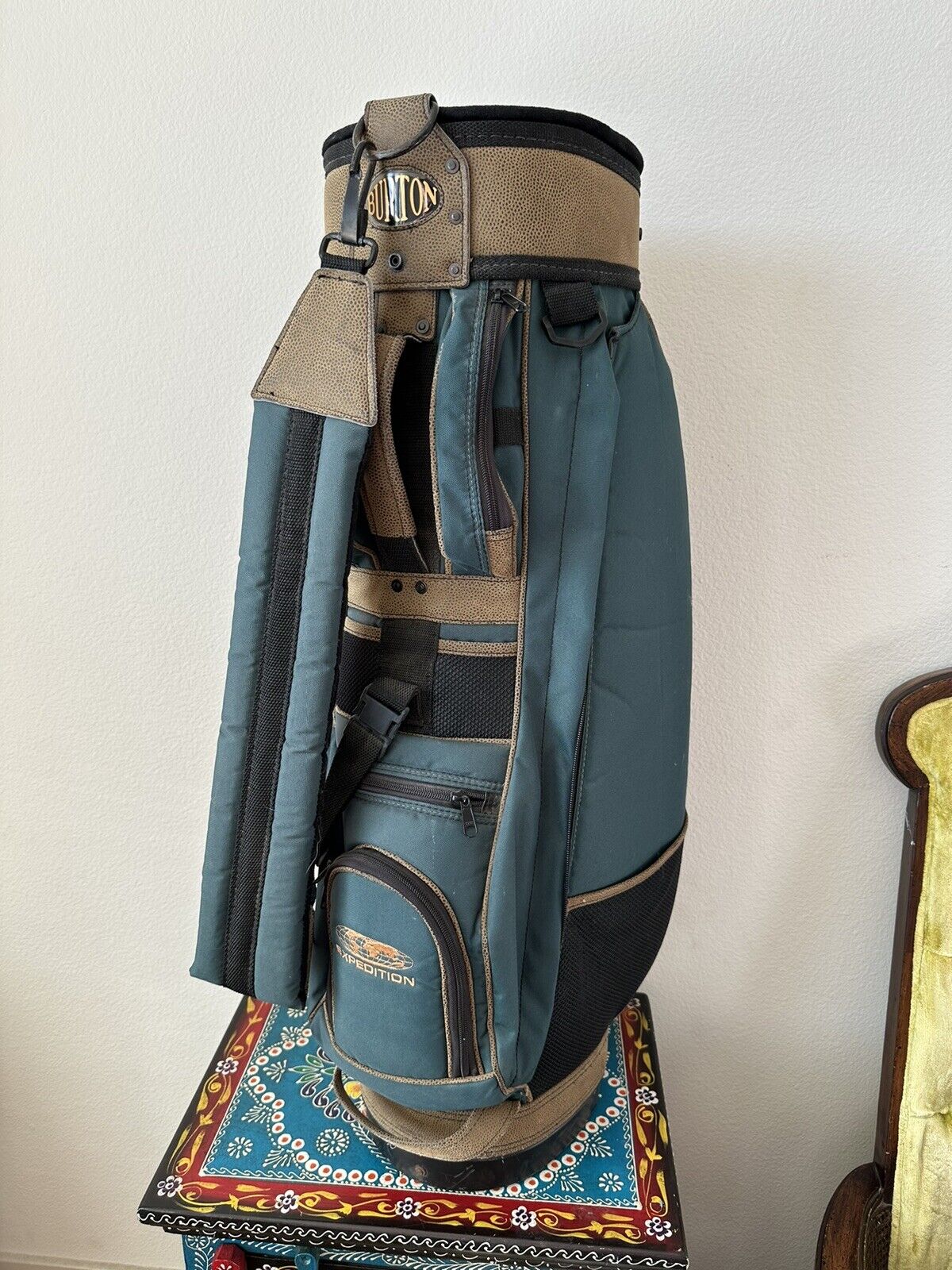 Burton Expedition Golf Bag Cart 6 Way Green Brown Excellent W/ Raincover  Strap