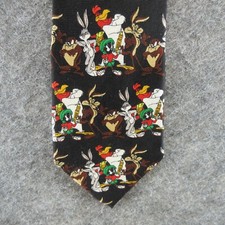 VTG Looney Tunes Neck Tie Mens Black 2002 Bugs Bunny Taz Marvin the Martian