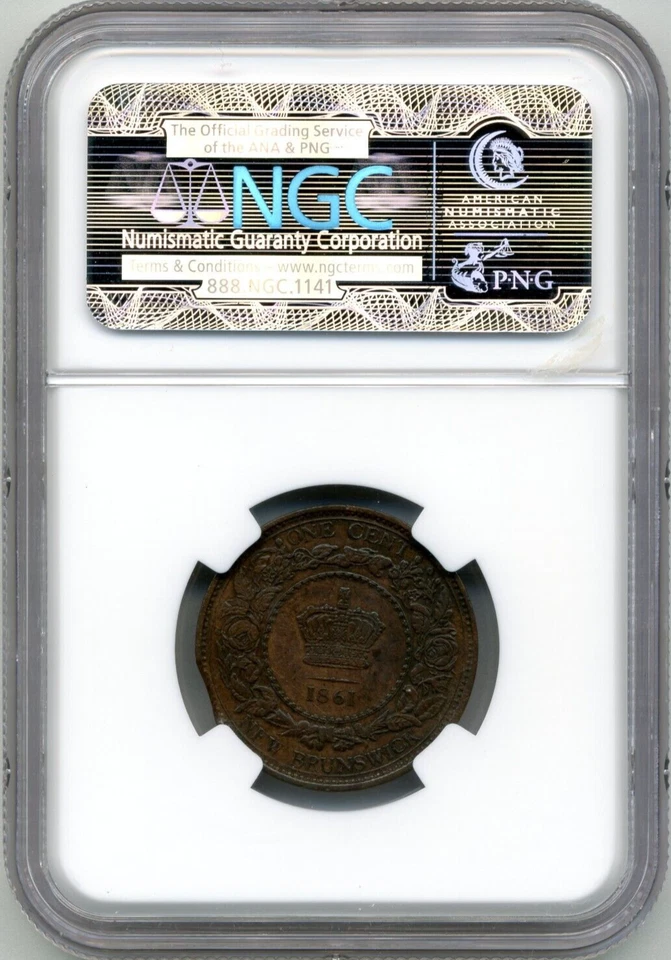 MINT ERROR: 1861 New Brunswick Curved Clip @ 4:00, 1 Cent - NGC AU55 BN - Image 2 of 2