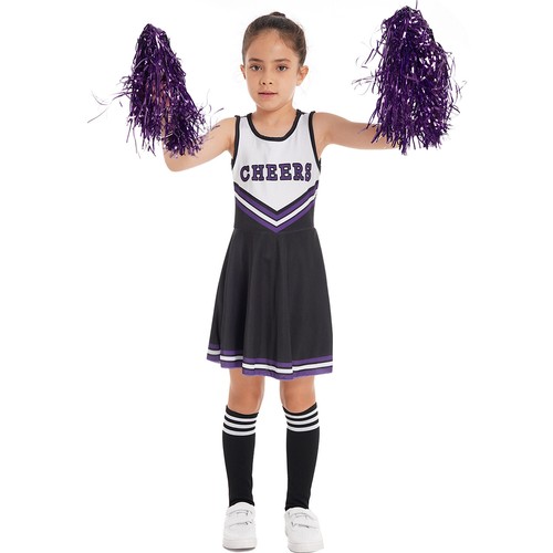 Kids Cheer Leader Costumes Cheerleading Uniform Dress with Stockings Pom Poms - Picture 37 of 66
