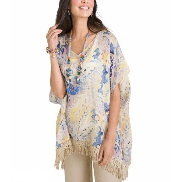 Chico's Linen Poncho Blouse S/M Hand Painted Fringe Semi-Sheer Beach $99 NWT