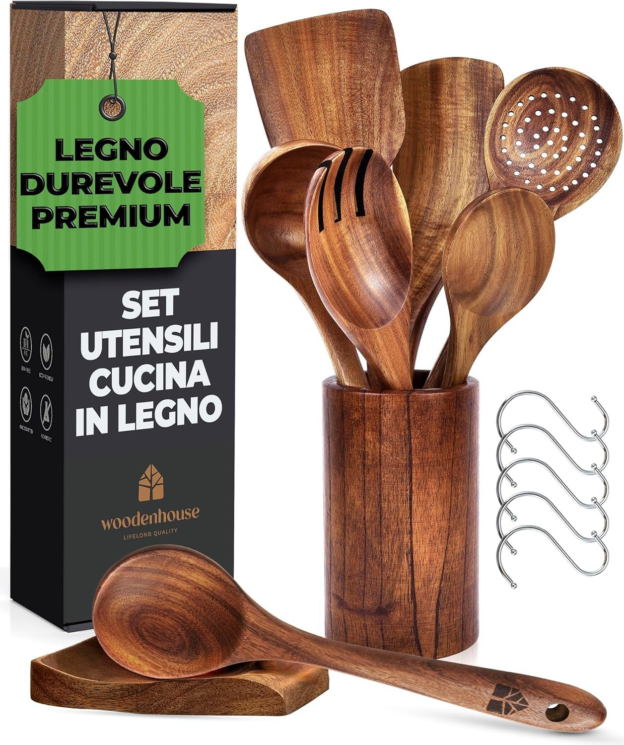 Mestoli in Legno per Cucina Antigraffio: Kit 7 Utensili Cucchiaio Legno