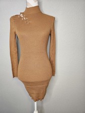 No Boundaries Small Sweater Dress Brown With Open Shoulder And Tie Accent