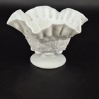 Vintage Westmoreland Grape Pattern Milk Glass Crimped Ruffled Compote Dish Vase