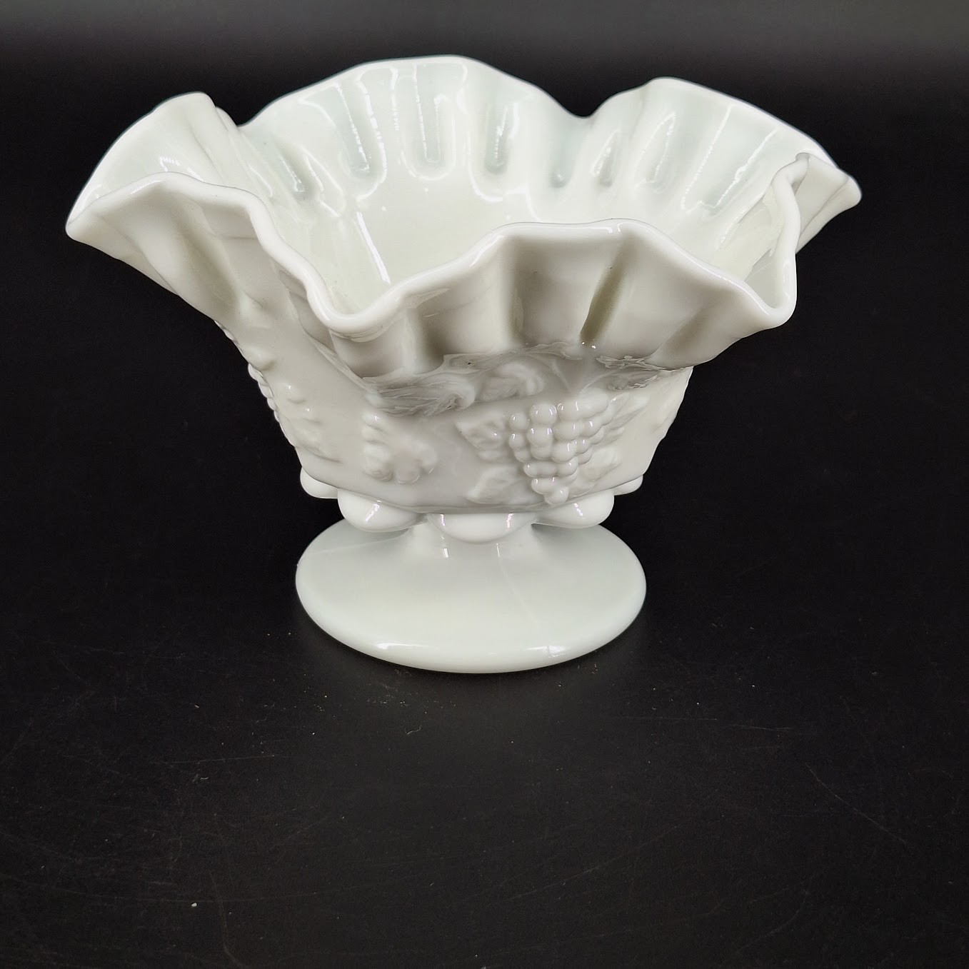 Westmoreland Grape Pattern Milk Glass Crimped Ruffled Compote Dish Vase Vintage