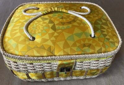 Vintage MCM Made in Japan, Large Sewing Basket, Lined, Yellow Geo Sunburst Print