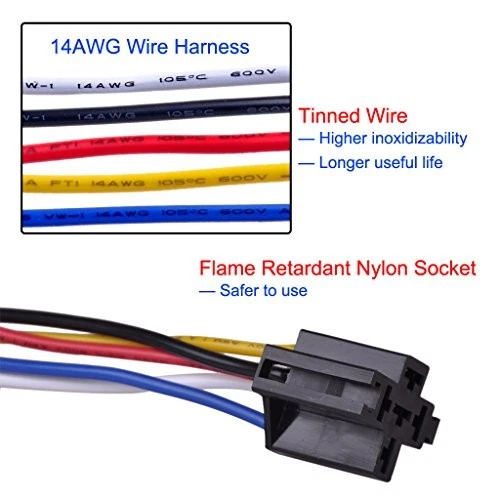 Auto Relay U1914 with 14AWG Wire Harness, 12V DC 30/40A SPDT 5-Pin (Pack of 2) - Image 4 of 4