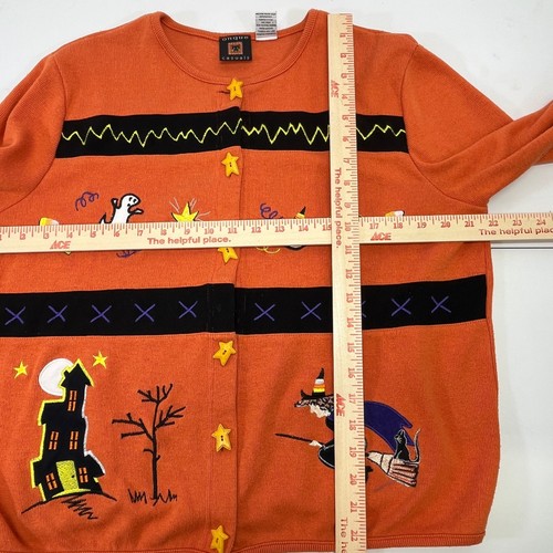 Halloween Cardigan Sweater Orange Witch Ghost Haunted House Onque Casuals Sz Med - Picture 13 of 14
