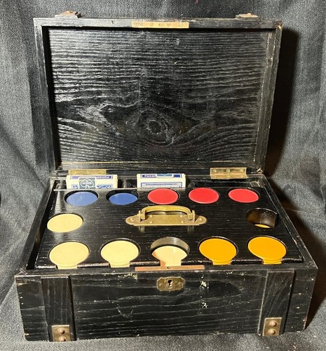 Antique Old English Clay Composition Poker Chips Set Brass Mounted Box Cards - Picture 5 of 24