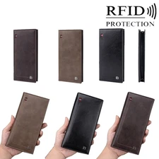 Business Men's Leather Bifold Wallet RFID Blocking Checkbook Cover Long Purse