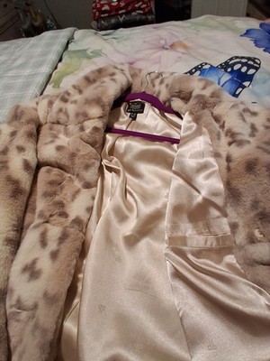 Dennis Basso Leopard Animal Print Coat Beige/Brown Collared Button Lined M