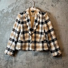 Ann Taylor NEWBURY Plaid Blazer Check One Button Fringe Sz 12 Career Preppy