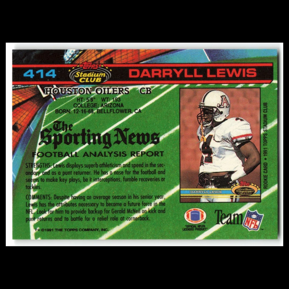 Darryll Lewis Rookie #414 1991 Topps Stadium Club Houston Oilers Football Card - Image 2 of 3