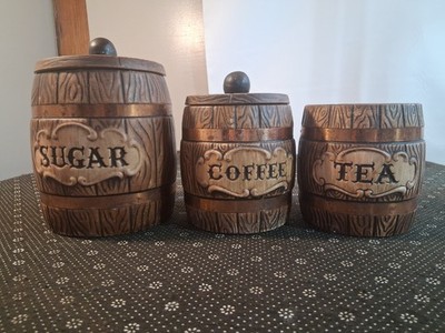 VINTAGE 1960s TREASURE CRAFT BARREL CERAMIC Sugar Coffee Tea CANISTER JAR