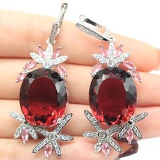 Unique  Oval Gemstone Pink Tourmaline White CZ Daily Wear Silver Earrings