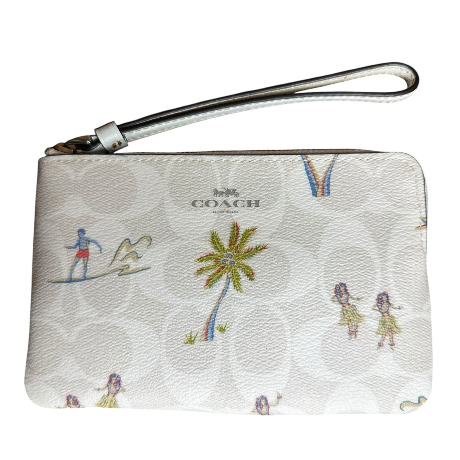 COACH CK415 Corner Zip Wristlet In Signature Canvas Chalk Hula Print Palm NEW