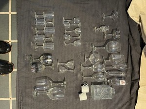 Clear Decorated Round Glassware Set 25pc Wine/Cocktail Glasses, Mugs, Decanter