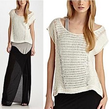 Helmut Lang Ivory Artisanal Distressed Hollow Knit Linen Cap Sleeve Sweater