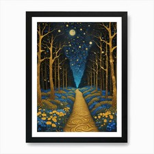 Sternennacht Wald von Klimt Stil gerahmtes Wandbild Poster Leinwanddruck Bild