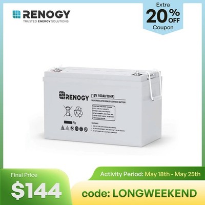 Renogy Deep Cycle AGM Battery 12 Volt 100Ah 1100A Max Discharge Current Off-Grid
