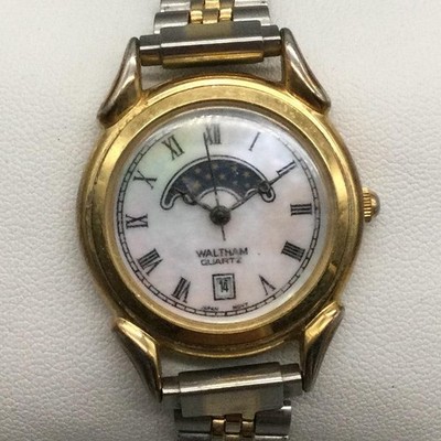 Vtg Waltham Womens Watch 28mm White Dial Day Night Two Tone New Battery 6.5''