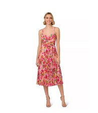 Adrianna Papell Floral Print Pleated Chiffon Midi Dress In Pink Green Multi