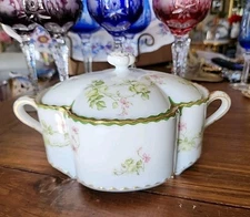 Haviland Limoges Porcelain Covered Bowl Green Cabbage Roses