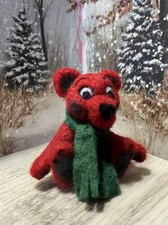 Needle Felted Red Christmas Bear With Green Scarf