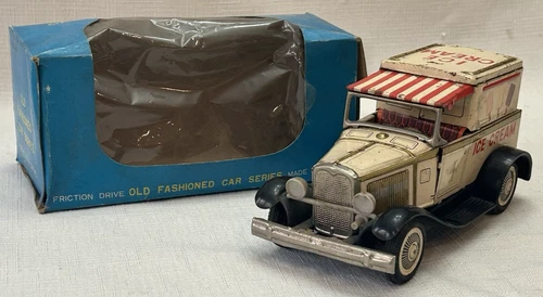 Vintage Tin Ice Cream Toy Friction Truck w Box by Bandai, 6.5" Metal Toy Truck