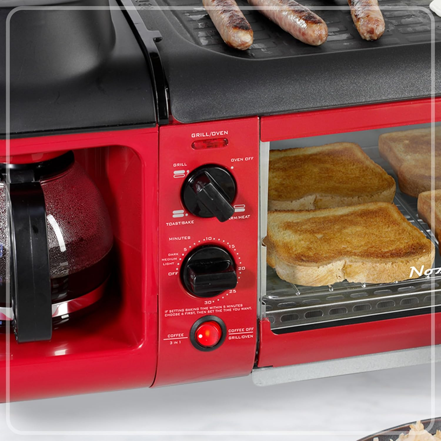 3-in-1 Breakfast Station: Coffee Maker, Griddle & Toaster Oven - Red
