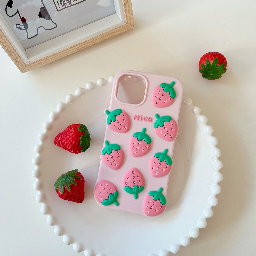 e-bay-　エトープ×サーモンピンク　iPhone11pro 3D Pink Strawberry Soft Phone Case For iPhone 7/8 Plus XS XR