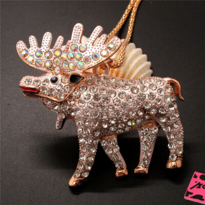 Hot Holiday gifts White Deer Enamel Cute Elk Crystal Necklace Sweater Chain