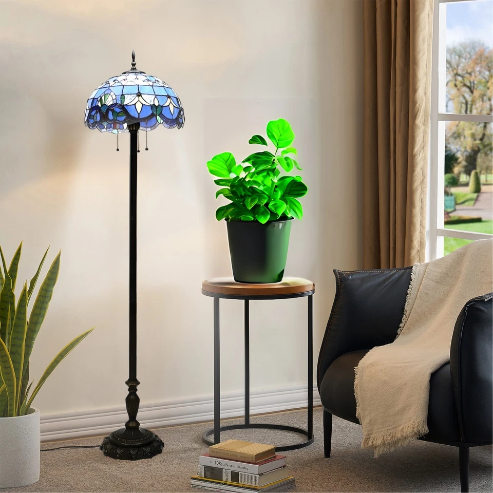 Tiffany Floor Standing Lamp 65"HX16.5D Blue Purple Stained Glass Antique Style - Image 3 of 4