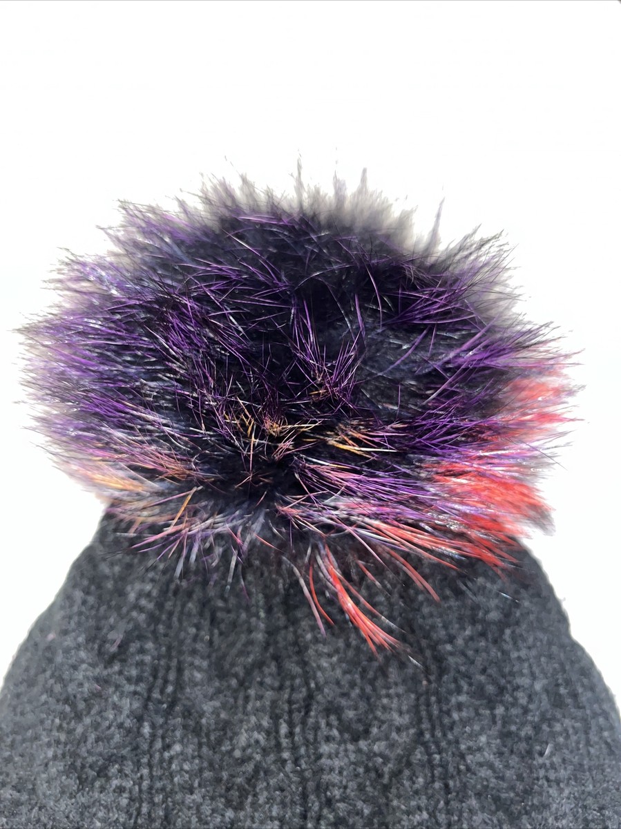 Womens Adrienne Landau Real Fox Fur Pompom Black Beanie Hat 