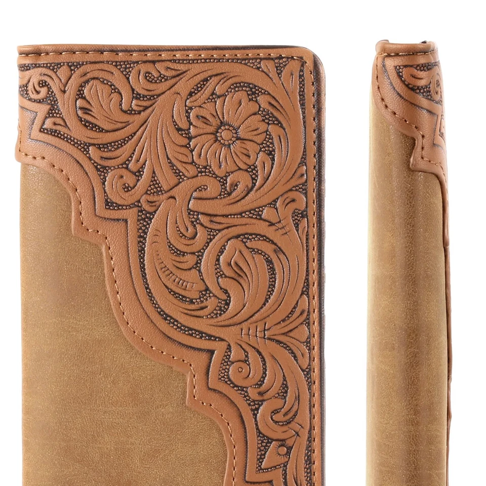 Embossed Floral Men's Bifold Long Wallet Faux Leather Cowboy Wallet Brown - Image 4 of 4