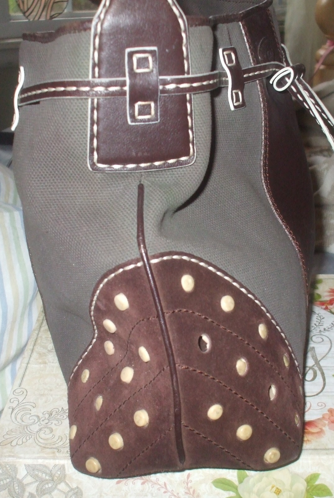 Tod's brown canvas & leather studded tote hobo draw string shoulder bag image 5