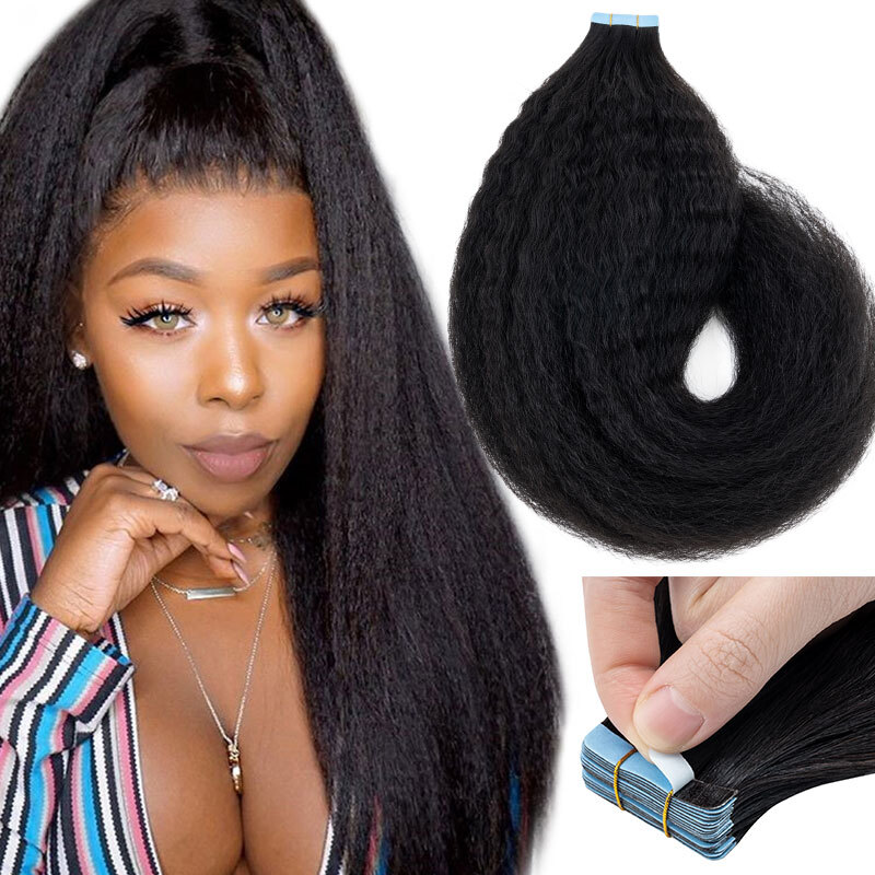 YAKI/KINKY Adhesive Tape in Hair Extensions Real Human Hair Skin