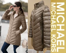 NWT Michael Kors Packable Down Taupe Puffer Longline Jacket Size M Hidden Hood