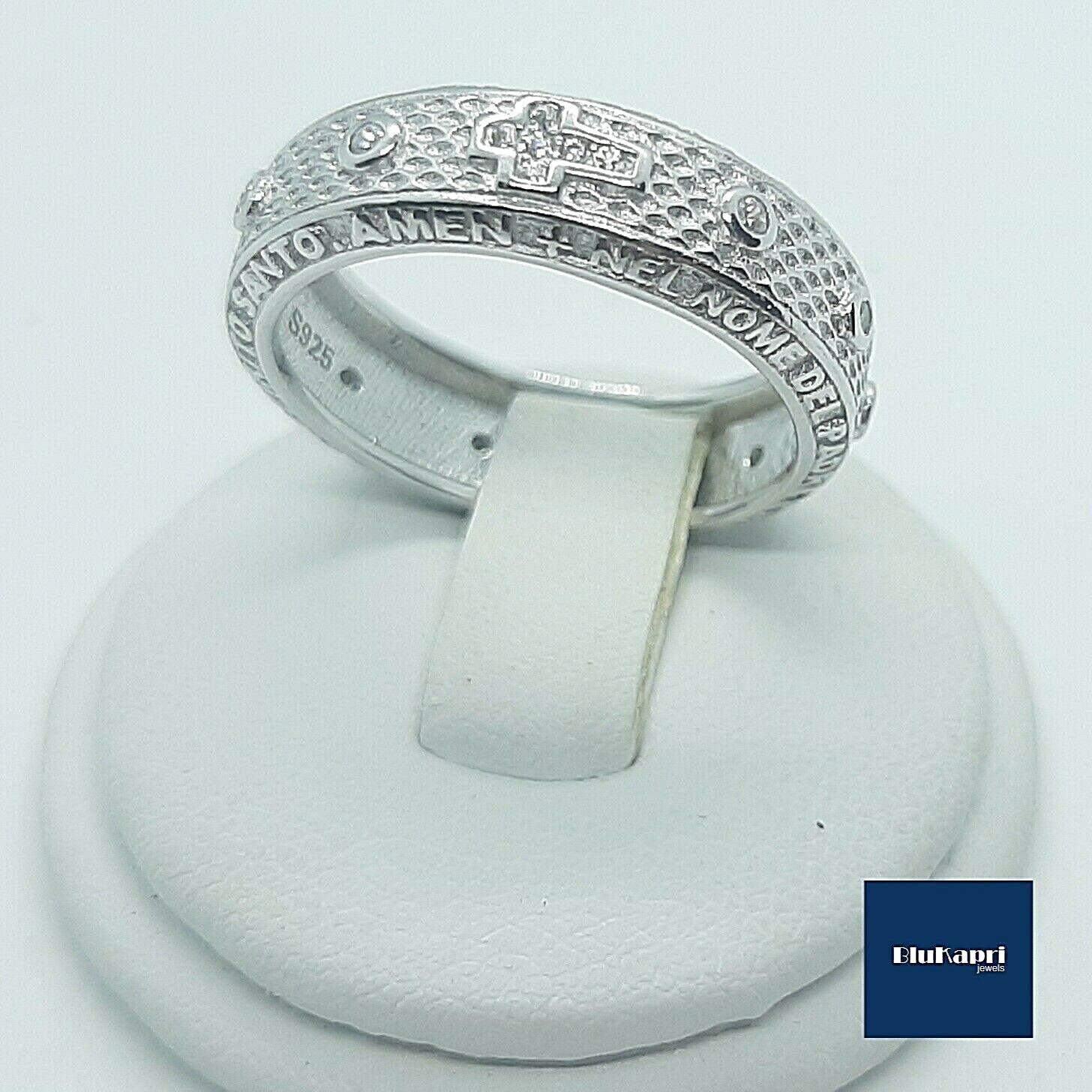 Anello rosario in argento 925 massiccio con zirconi bianchi corona incisa