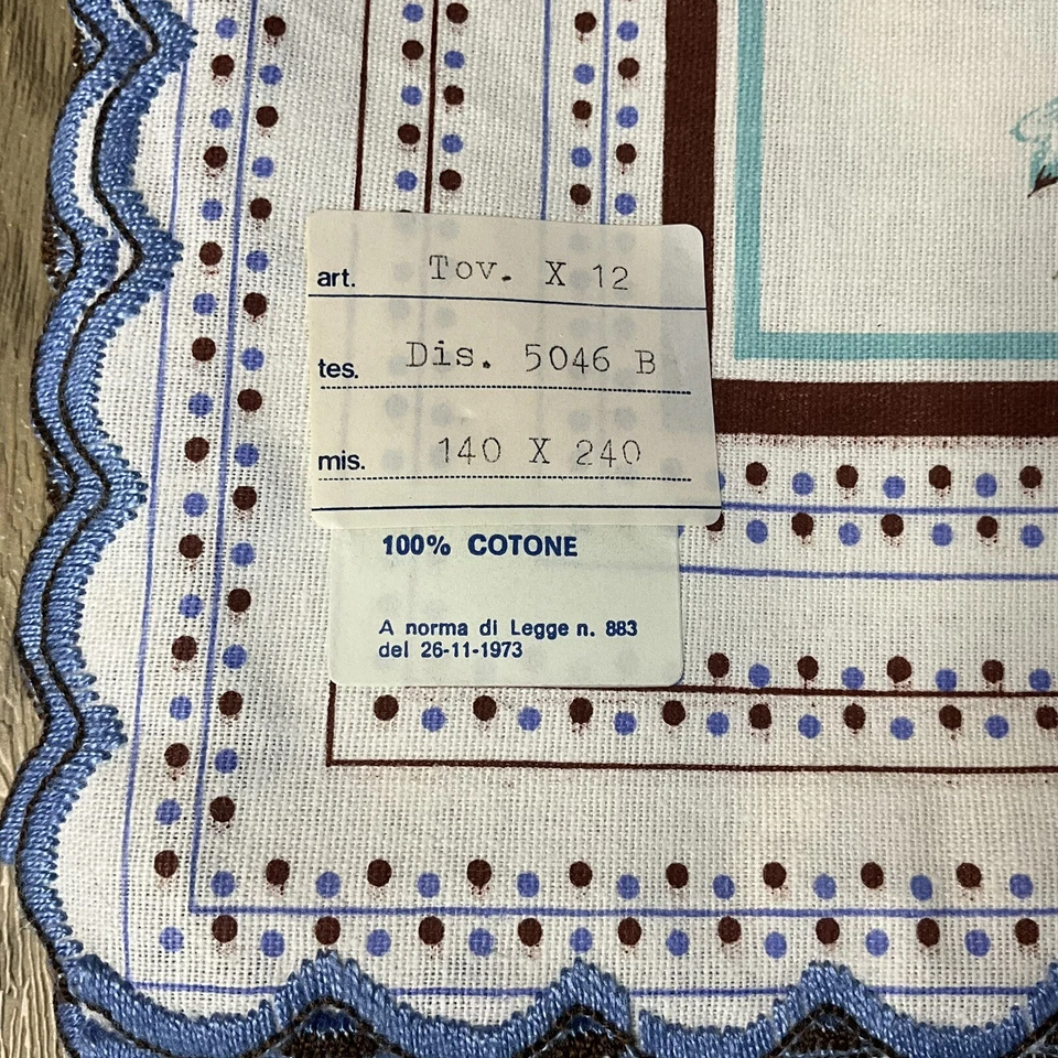 Italian Blue Floral Scalloped Edge 55" x 95" Cotton Tablecloth & 12 Napkins Set - Image 2 of 4