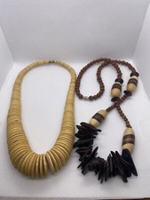 Vintage Boho Wood Graduated Disc and Wood Bead Necklaces