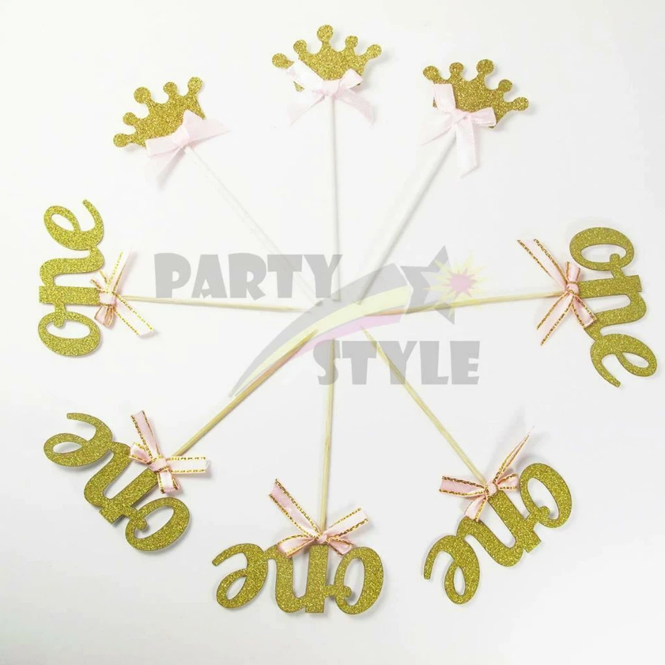 Toppers de cupcakes dorados brillantes 24 piezas arco rosa para niña bebé fiesta de primer cumpleaños Foto 4 de 4