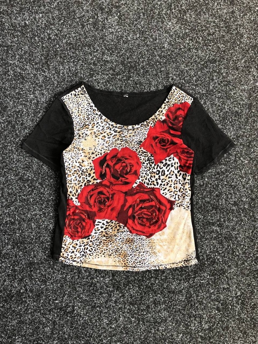 Save The Queen Jean Paul Gaultier Style Roses Mesh Top Blouses Womens M  Size Y2K